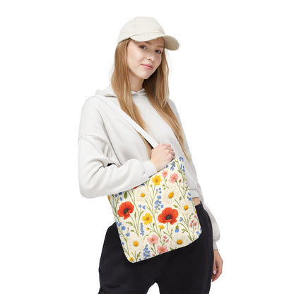 Wildflower Poppy print tote bag by Printify featuring a colorful floral all-over pattern on durable bag material.