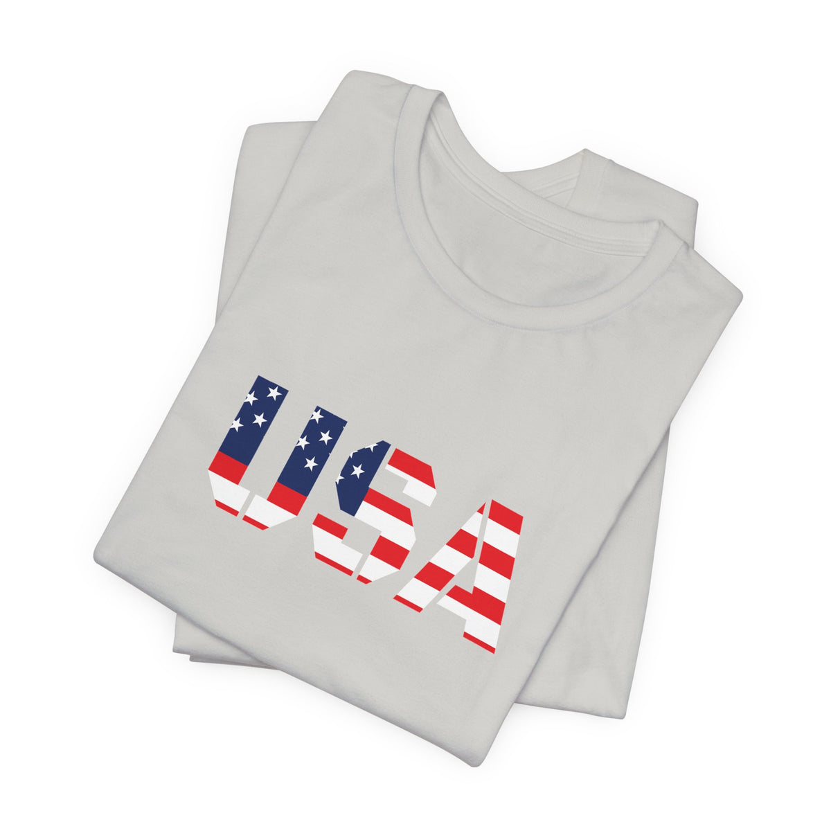 USA flag text T-shirt by Printify featuring patriotic red, white, and blue design, perfect for Fourth of July celebrations.