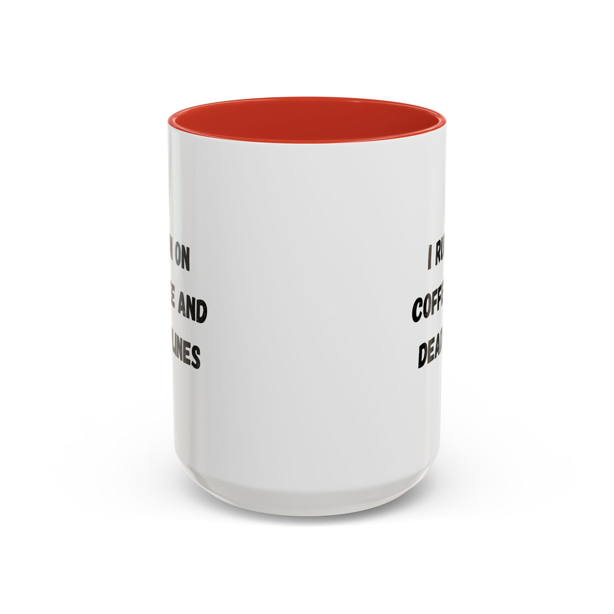 Printify coffee mug with "I Run on Coffee and Deadlines" slogan, featuring a ceramic mug with black text on white background.
