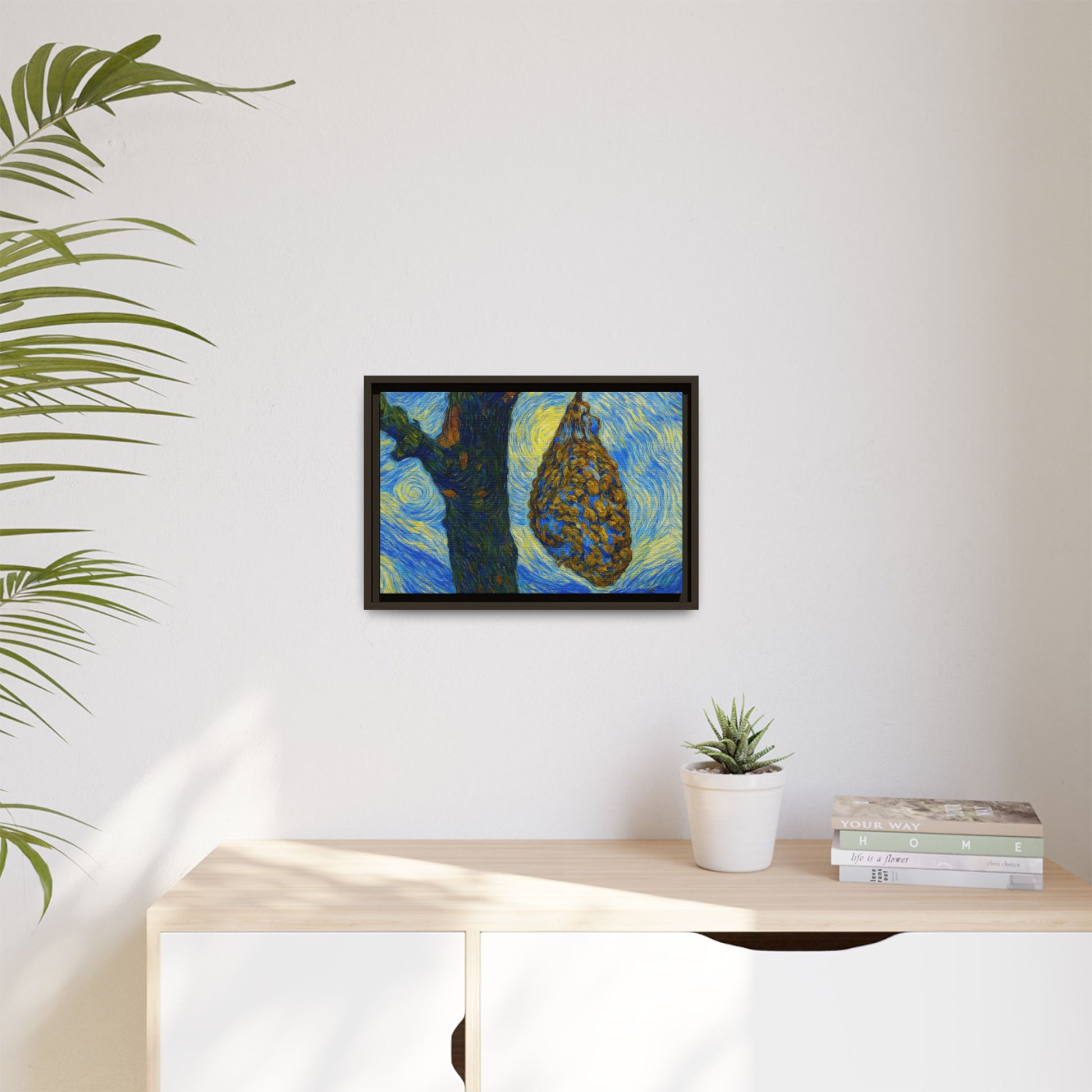 Framed matte canvas art of a starry nut cluster with dried plum tones, printed by Printify, showcasing detailed botanical imagery.