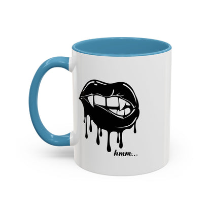 Black Dripping Lips Accent Coffee Mug with Bite graphic, 11oz or 15oz, featuring bold, artistic lip design by Printify.