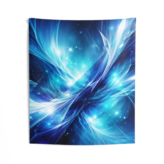 Blue abstract energy wall tapestry with cosmic aurora design, perfect for home decor, by Printify.