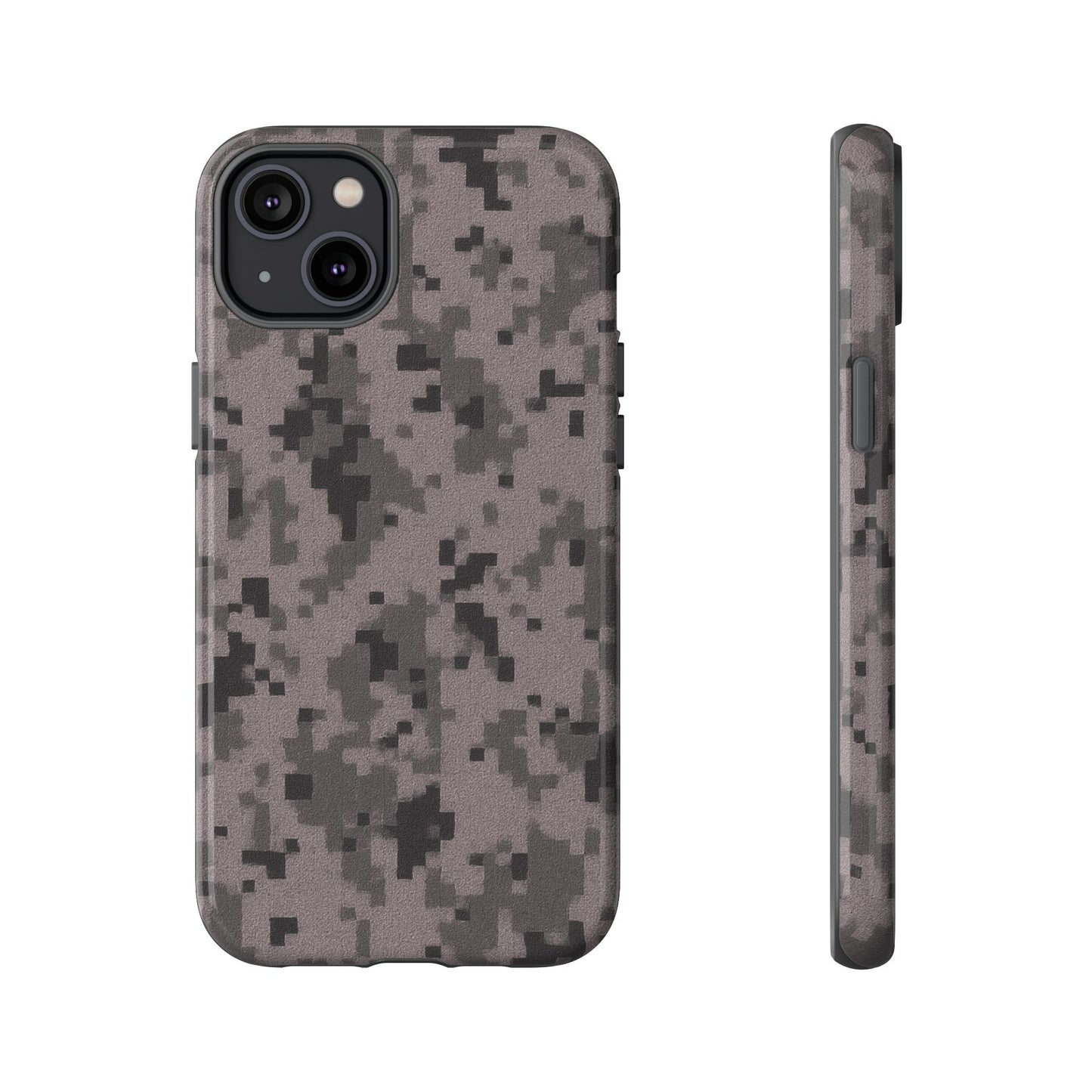 Gray digital camouflage phone case by Printify, rugged protective cover designed for smartphones.
