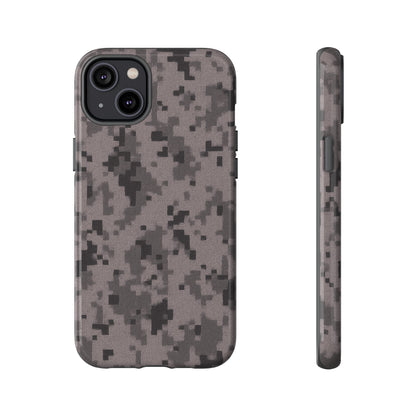 Gray digital camouflage phone case by Printify, rugged protective cover designed for smartphones.