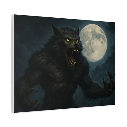 Werewolf Moon matte canvas print featuring a spooky full moon, ideal for wall art decor. Printed by Printify.