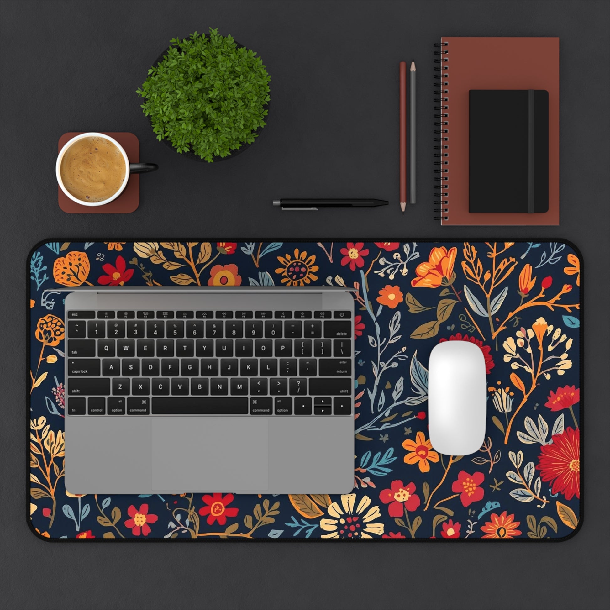 Autumn floral pattern desk mat with fall flowers design, Printify mouse pad for office or home workspace.