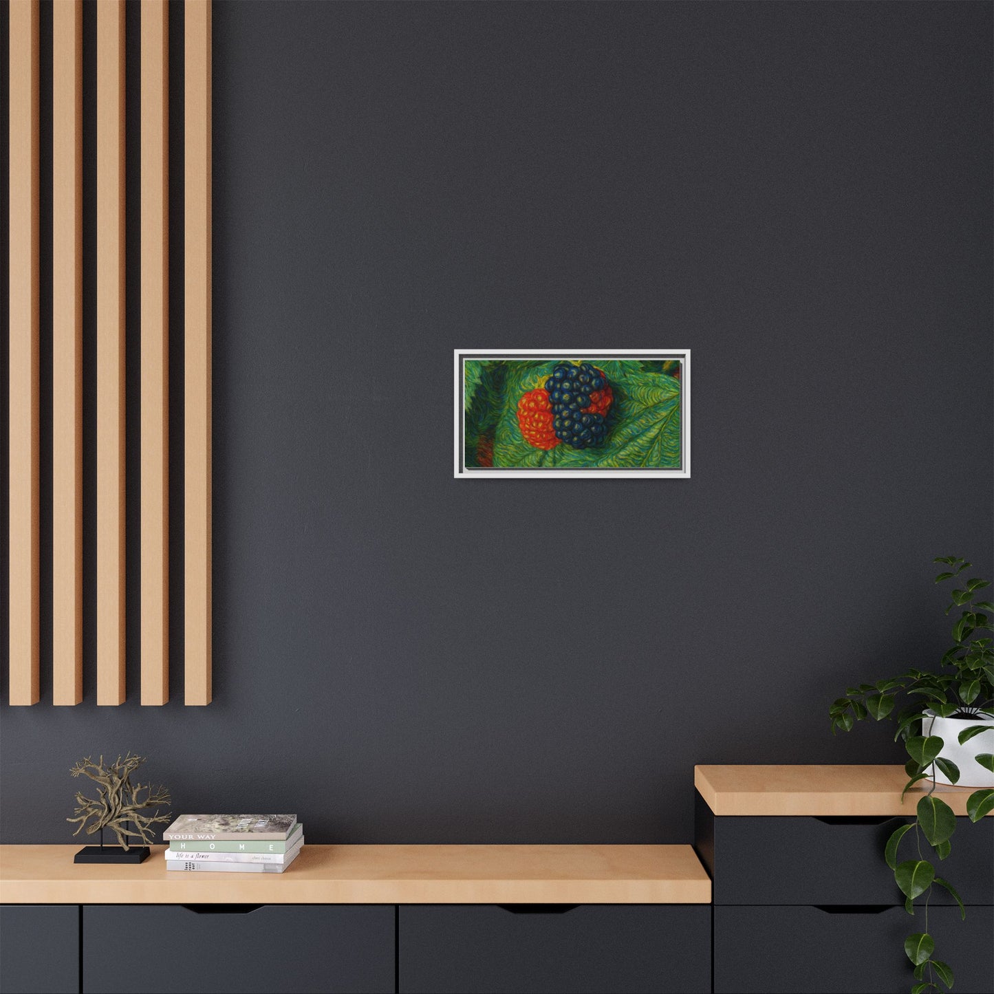 Blackberry still life framed canvas print by Printify showing a detailed image of ripe blackberries on a textured background.