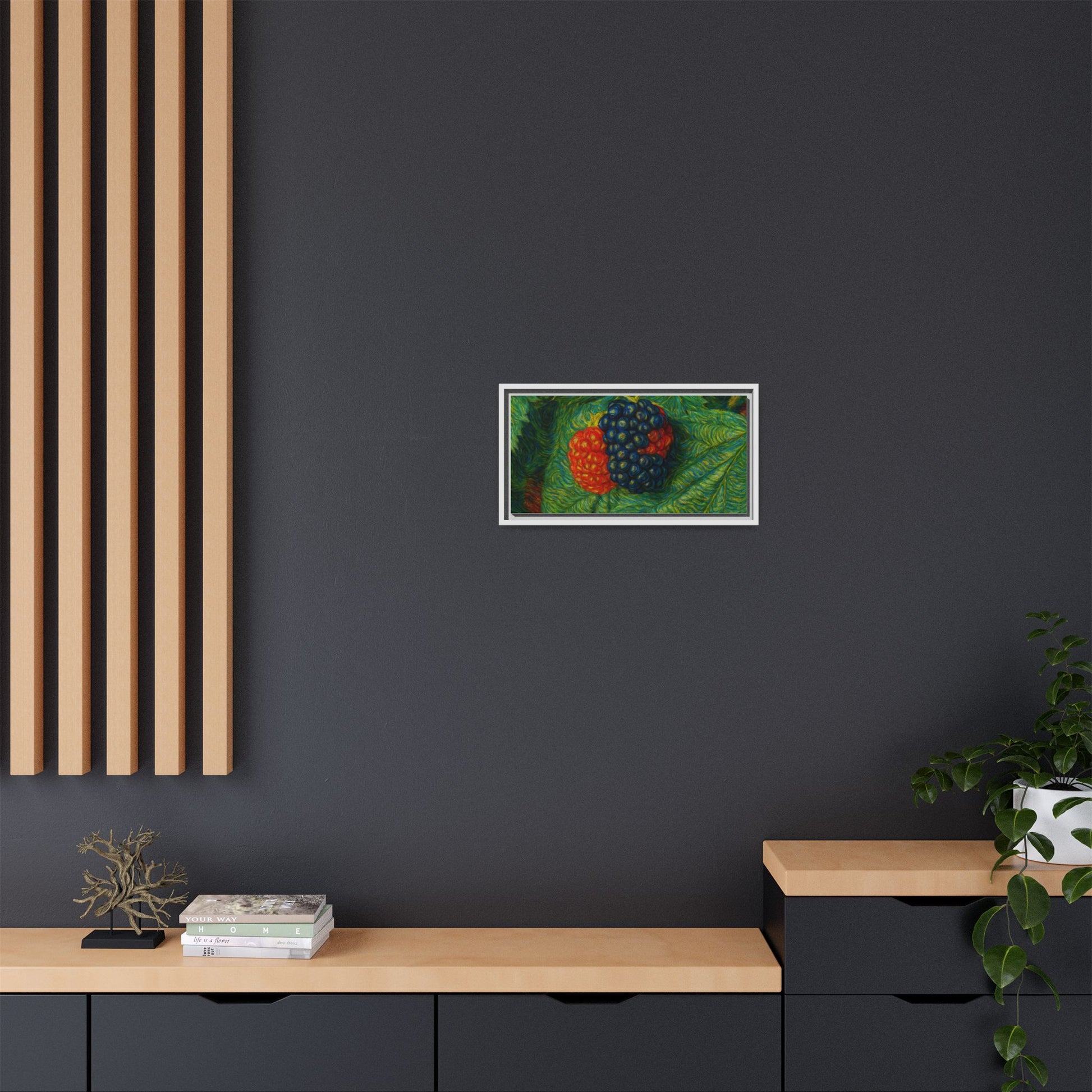 Blackberry still life framed canvas print by Printify showing a detailed image of ripe blackberries on a textured background.
