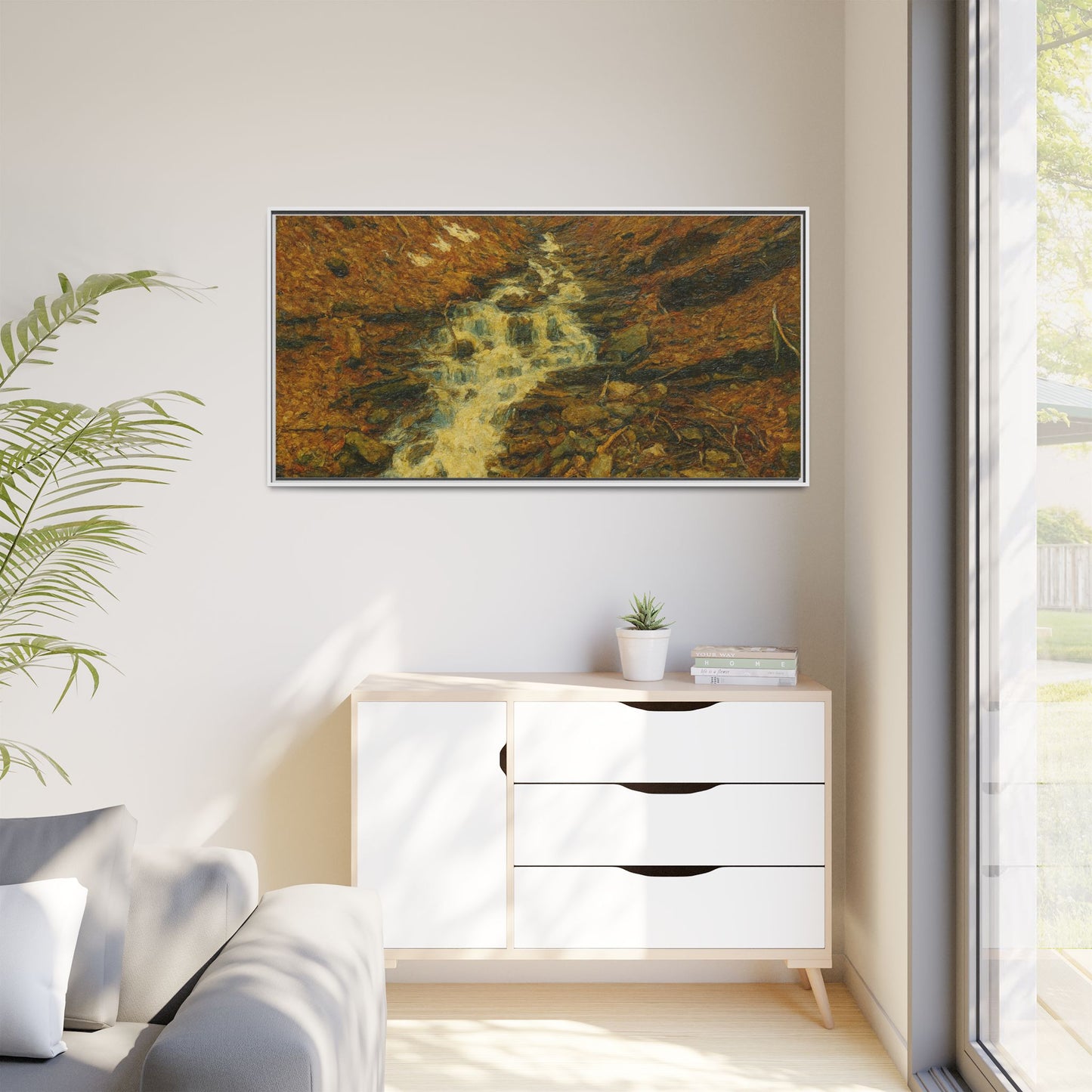 Framed matte canvas print of autumn stream landscape artwork by Printify, showcasing vibrant fall colors and tranquil nature scene.