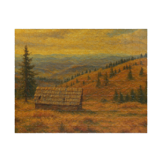 520-piece Autumn Mountain Cabin Puzzle by Printify featuring a scenic landscape of a cozy cabin in autumn woods.