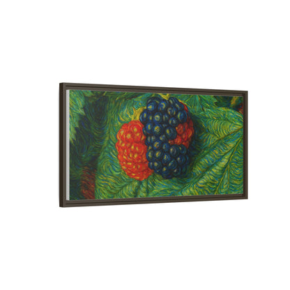 Blackberry still life framed canvas print by Printify, featuring realistic blackberries in a natural still life setting.
