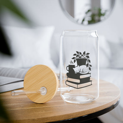 Glass Sipper Cup — Cozy Booklover Design (16oz)