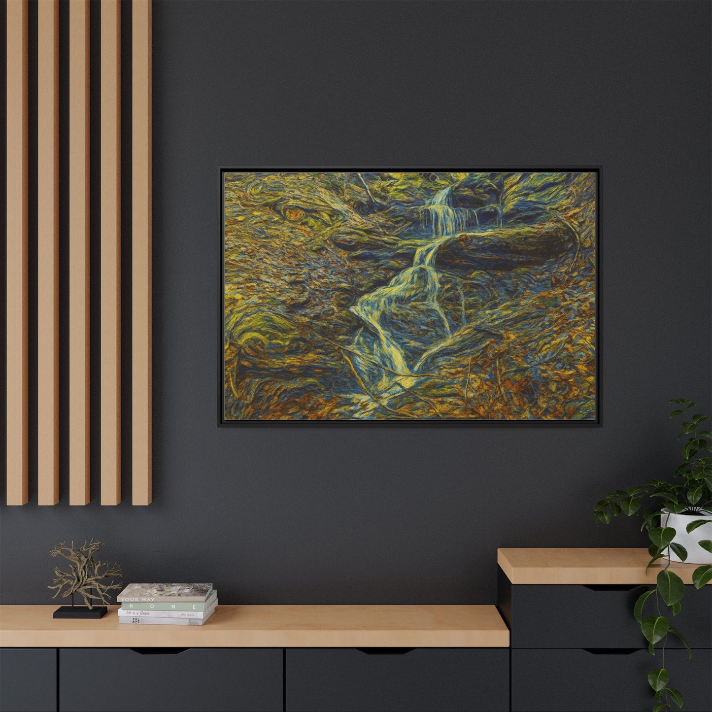 Framed matte canvas wall art of an autumn forest with a waterfall, featuring vibrant fall colors and natural scenery.