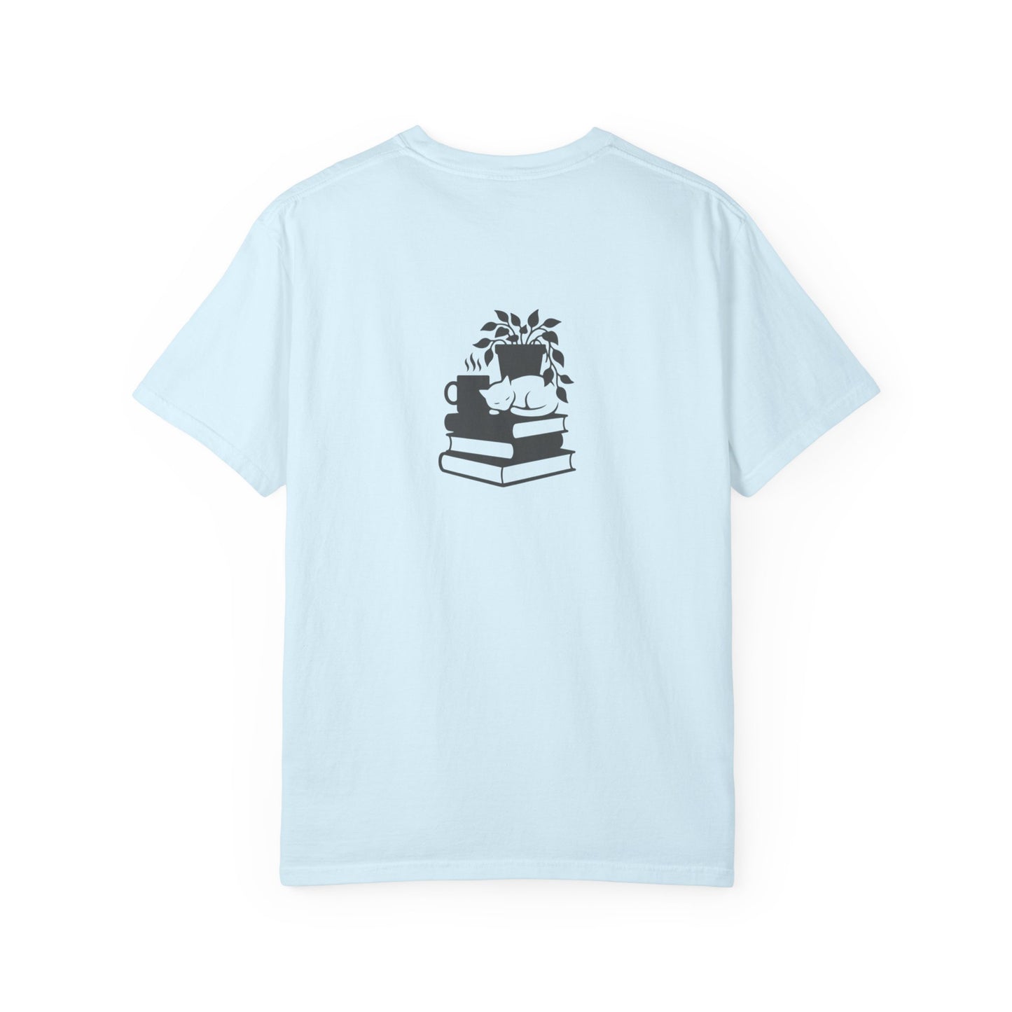 Cozy Cat on Books T-Shirt | Reading Tea Stack Illustration