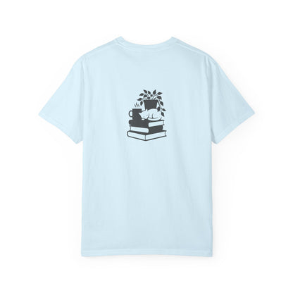 Cozy Cat on Books T-Shirt | Reading Tea Stack Illustration