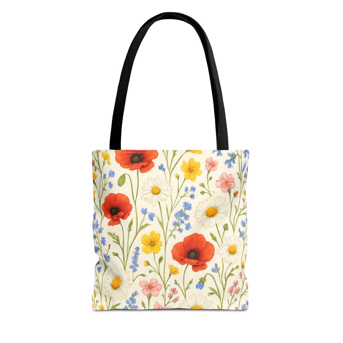 Wildflower Poppy print tote bag by Printify featuring a colorful floral all-over pattern on durable canvas.