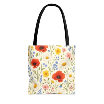 Wildflower Poppy print tote bag by Printify featuring a colorful floral all-over pattern on durable canvas.