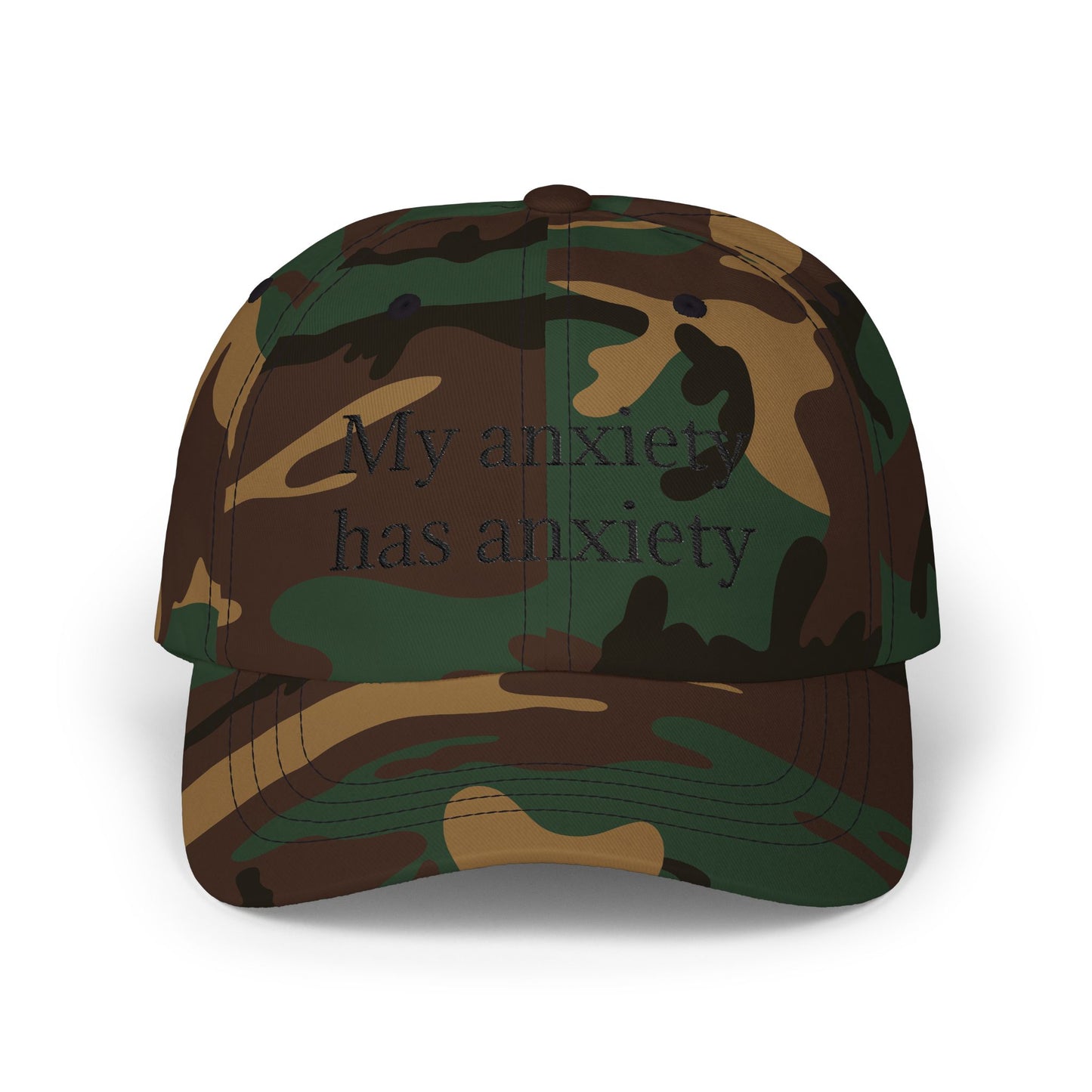 Dad Cap — "My anxiety has anxiety" Embroidered White Baseball Hat