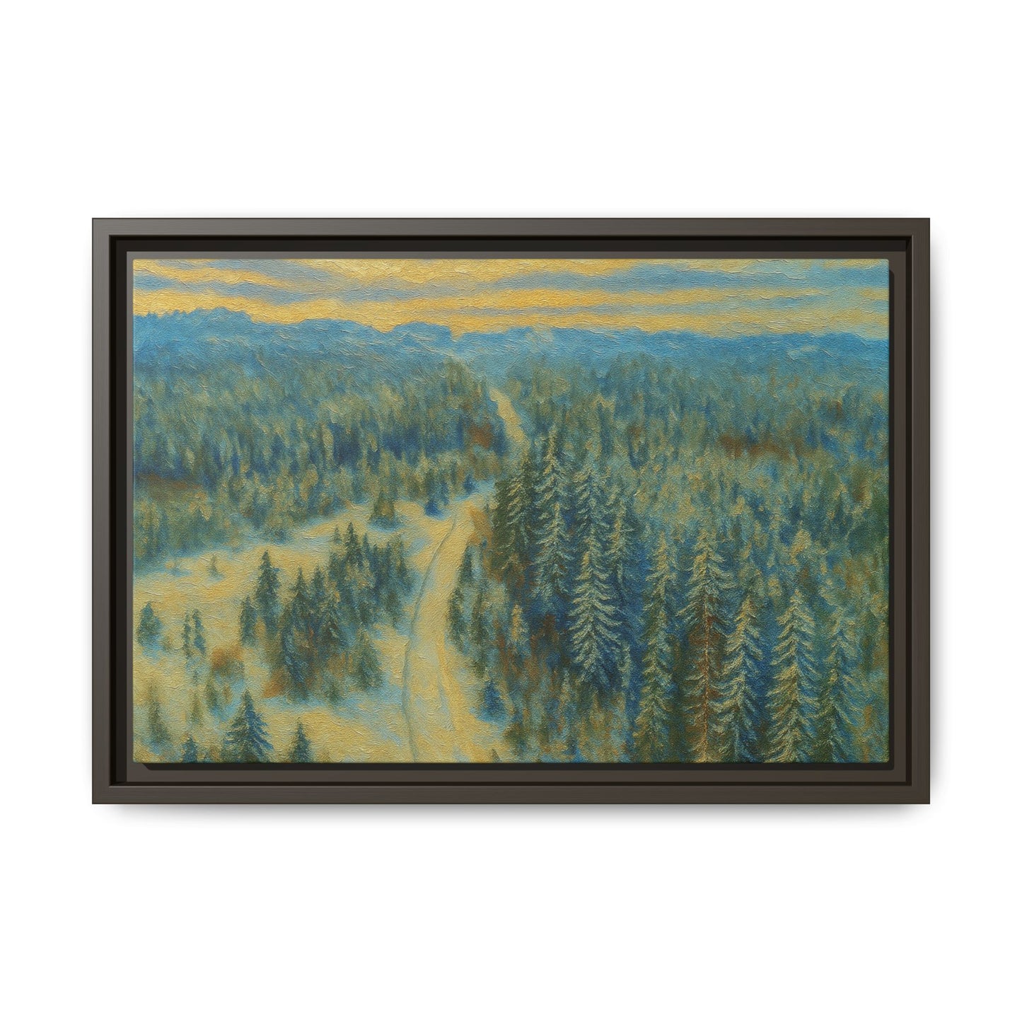 Framed matte canvas print of a serene winter forest landscape by Printify, showcasing snow-covered trees and peaceful scenery.