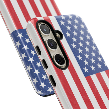 Durable American flag phone case for iPhone, patriotic design with tough protective material by Printify.