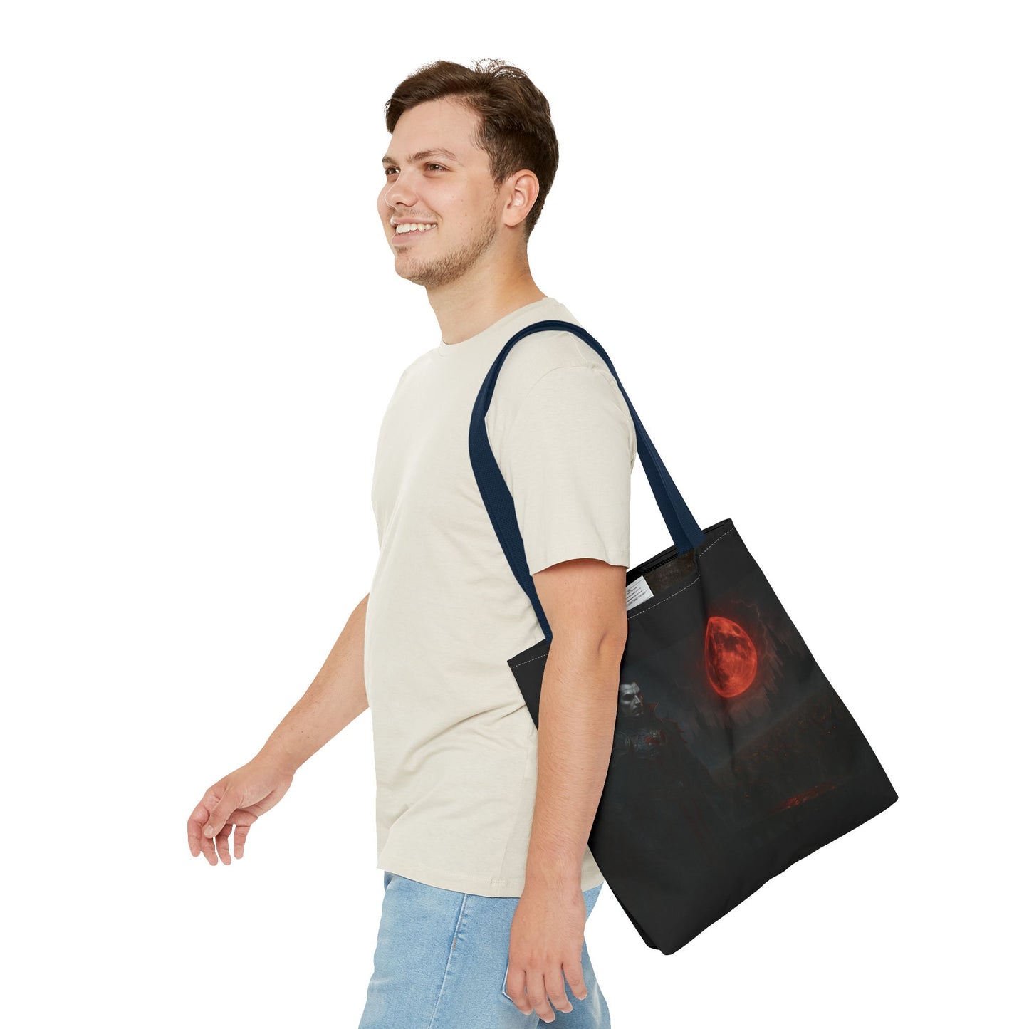 Gothic Dracula tote bag featuring moonlit vampire art, perfect for Halloween or gothic fashion accessories.