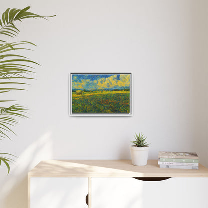 Framed landscape matte canvas print featuring vibrant multi-color scenery, styled with a sleek black frame, by Printify.