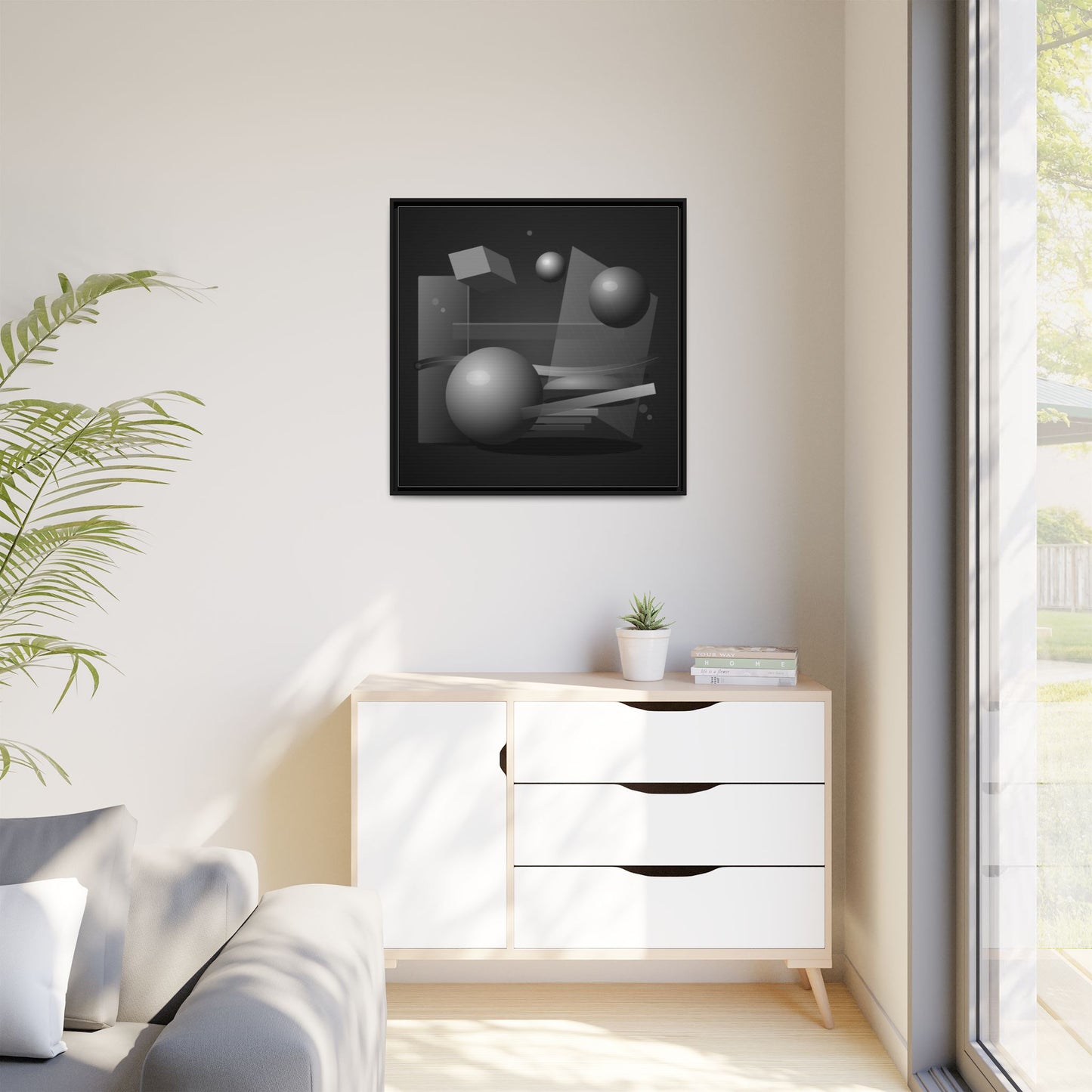 Monochrome Geometric Spheres Canvas Framed Wall Art | Matte Print