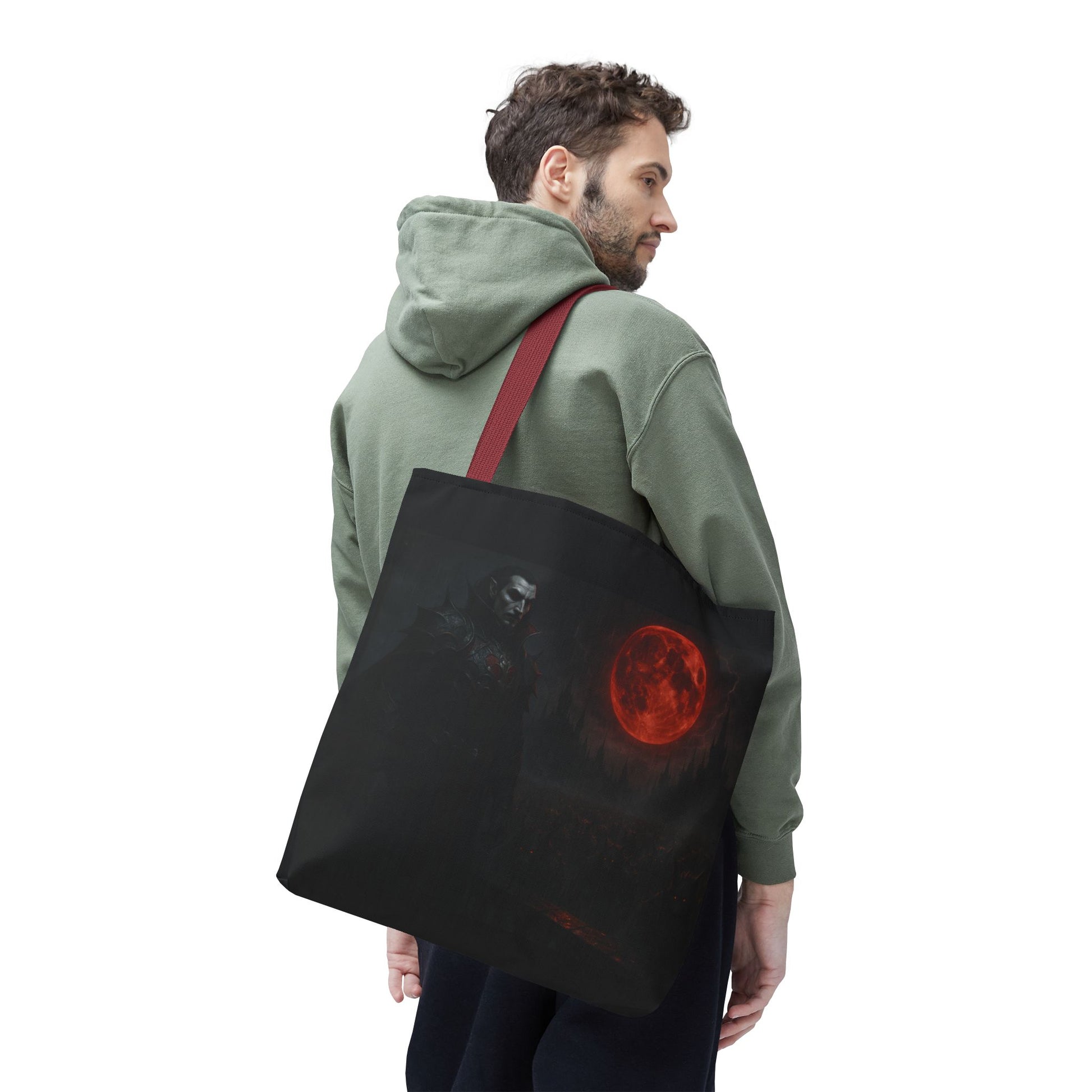 Gothic Dracula tote bag with moonlit vampire art, featuring spooky Halloween design, made by Printify.