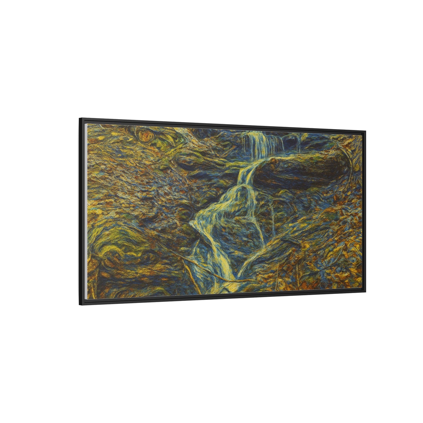 Framed matte canvas print of a autumn forest with a waterfall, showcasing vibrant fall colors and natural landscape artwork.