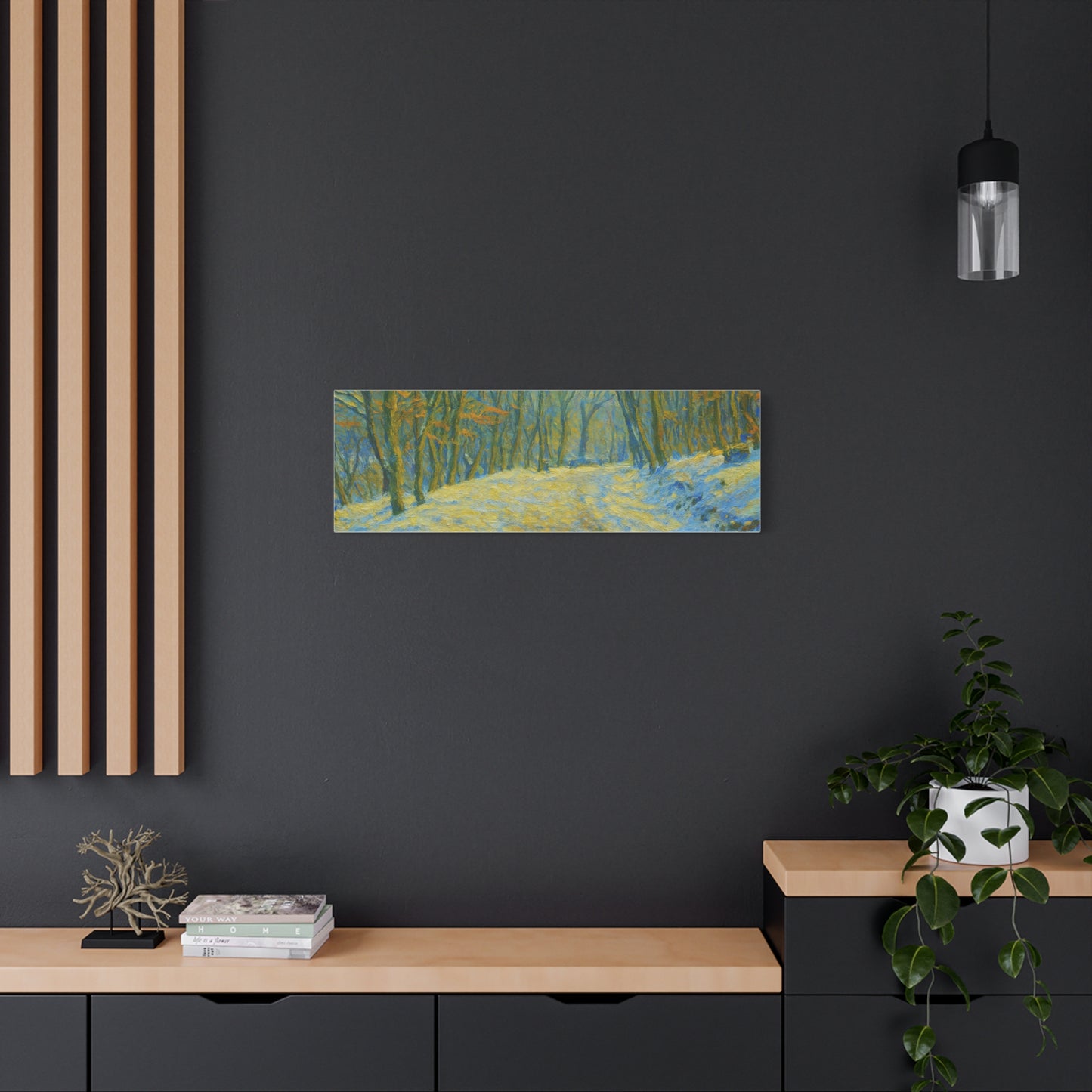 Winter landscape canvas wall art by Printify featuring a cozy nature scene, perfect for living room decor.