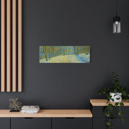 Winter landscape canvas wall art by Printify featuring a cozy nature scene, perfect for living room decor.