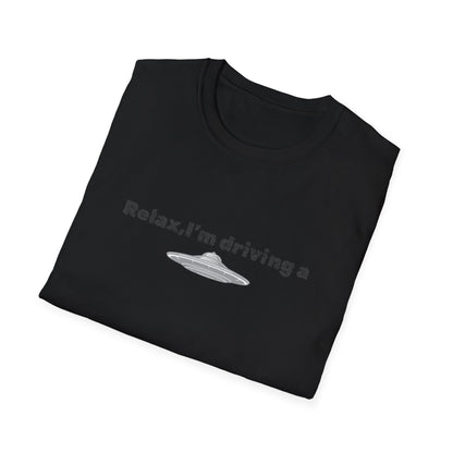 Funny green alien graphic T-shirt from Printify featuring a UFO design, perfect for sci-fi and alien enthusiast fans.