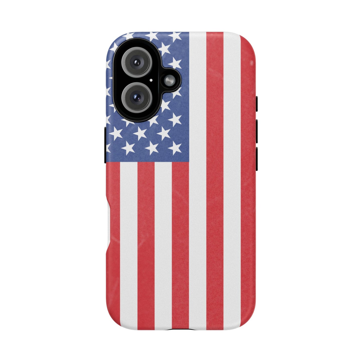 American flag tough phone case for iPhone and Samsung, patriotic protective cover with bold flag design by Printify.