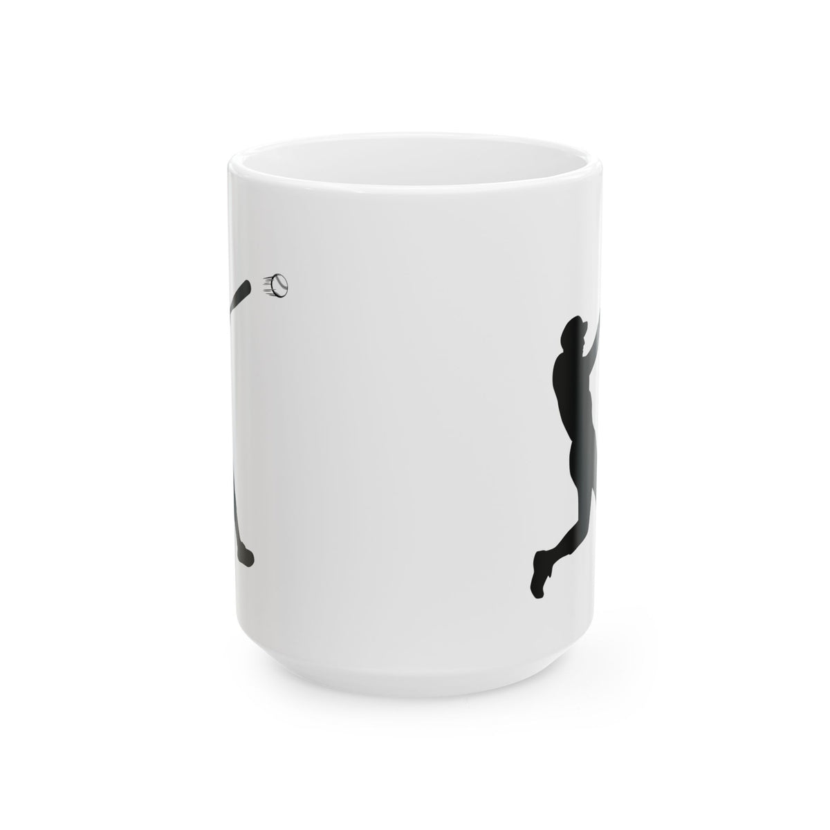 Ceramic mug featuring a baseball player silhouette, ideal for baseball fans, available in 11oz and 15oz sizes.