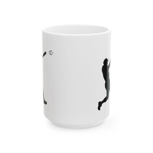 Ceramic mug featuring a baseball player silhouette, ideal for baseball fans, available in 11oz and 15oz sizes.