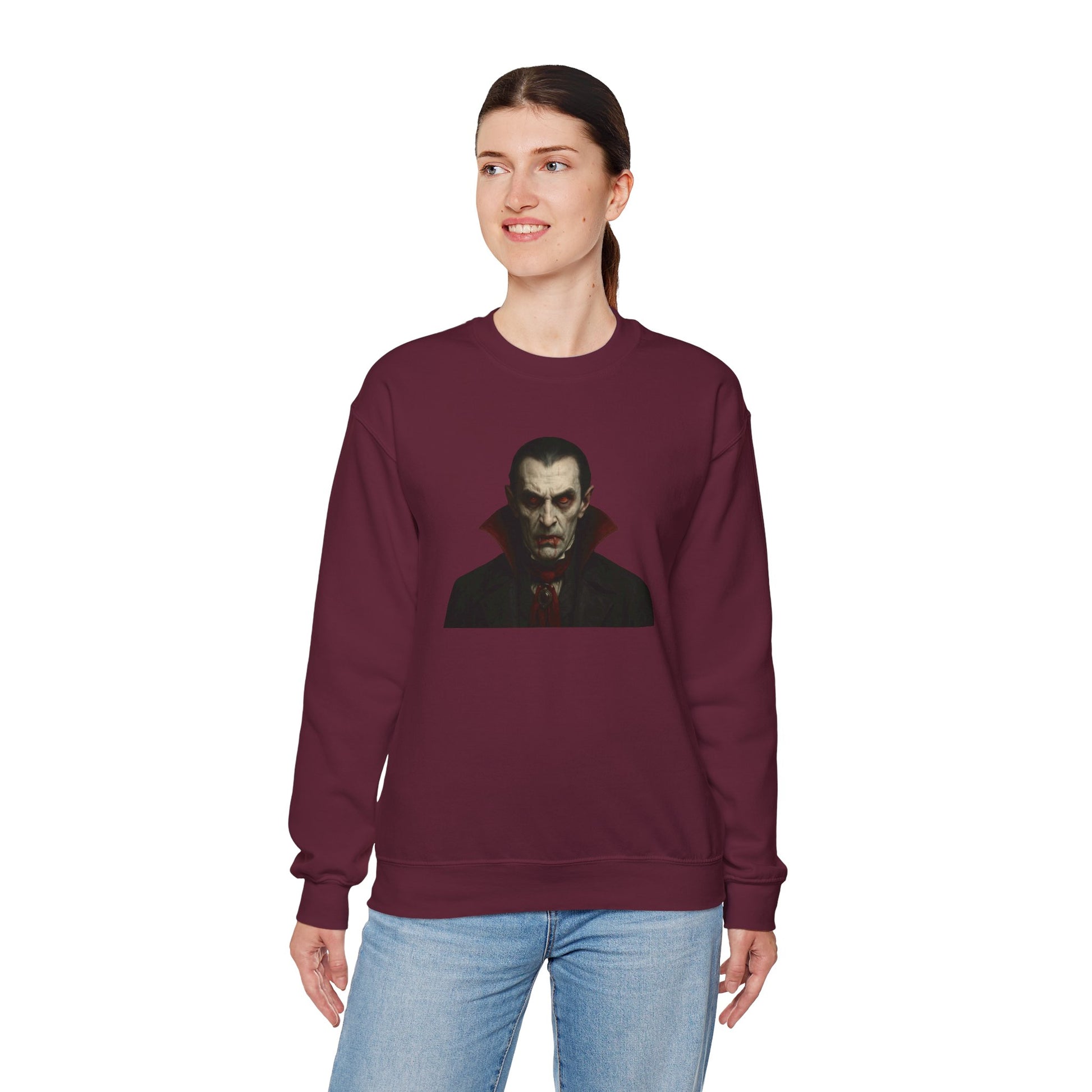 Black vampire portrait crewneck sweatshirt by Printify featuring a gothic vampire design on the front.