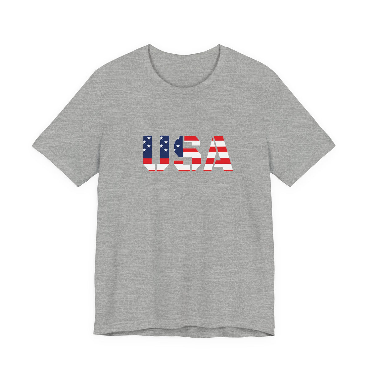 USA Flag Text T-Shirt by Printify featuring patriotic red, white, and blue design for Fourth of July celebrations.