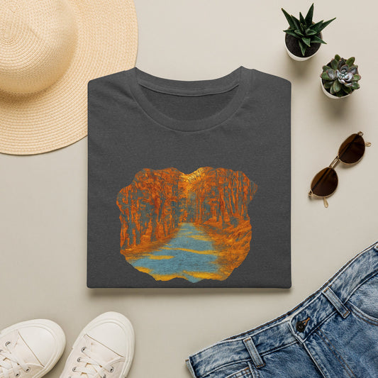 Printify Autumn Forest Path T-Shirt featuring a scenic fall landscape with colorful trees and a peaceful woodland trail.