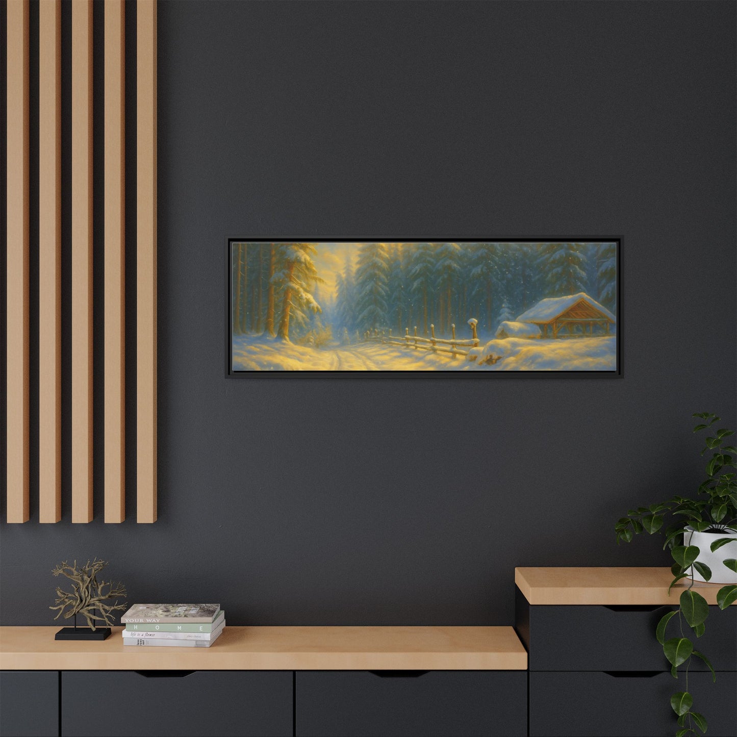 Framed winter cabin canvas print by Printify featuring a snowy forest sunset scene, wall art for cozy holiday decor.