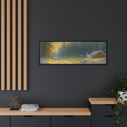 Framed winter cabin canvas print by Printify featuring a snowy forest sunset scene, wall art for cozy holiday decor.