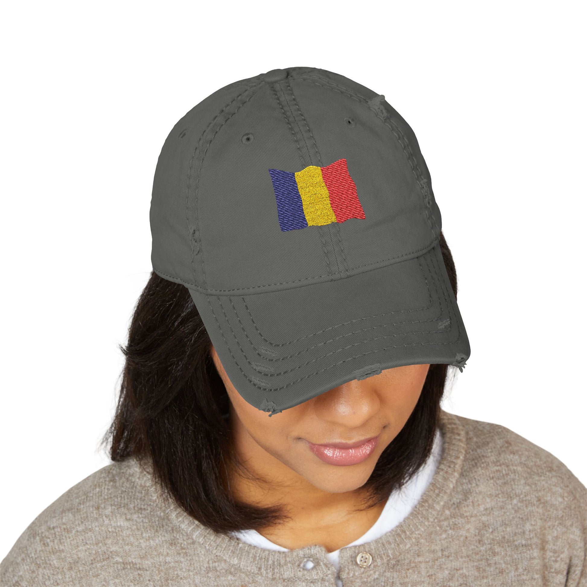 Distressed embroidered dad hat with Romanian flag patch, casual unstructured hat by Printify featuring patriotic embroidery.