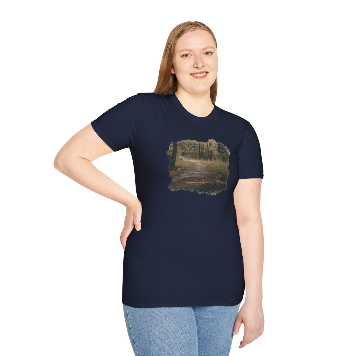 Vintage forest landscape T-shirt by Printify featuring a nature pathway design on soft fabric.