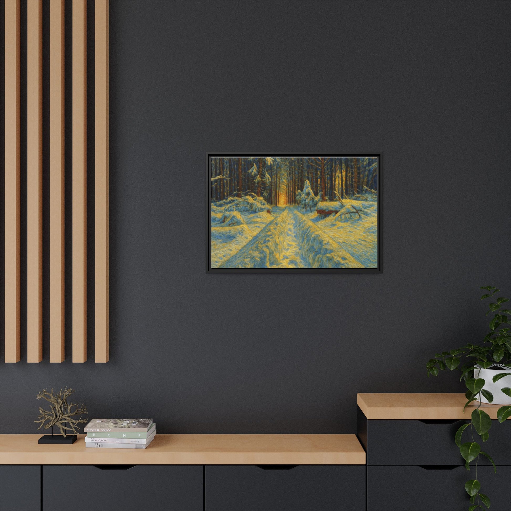 Framed matte canvas print of a snowy forest path at sunset, wall art by Printify showcasing winter landscape scenery.