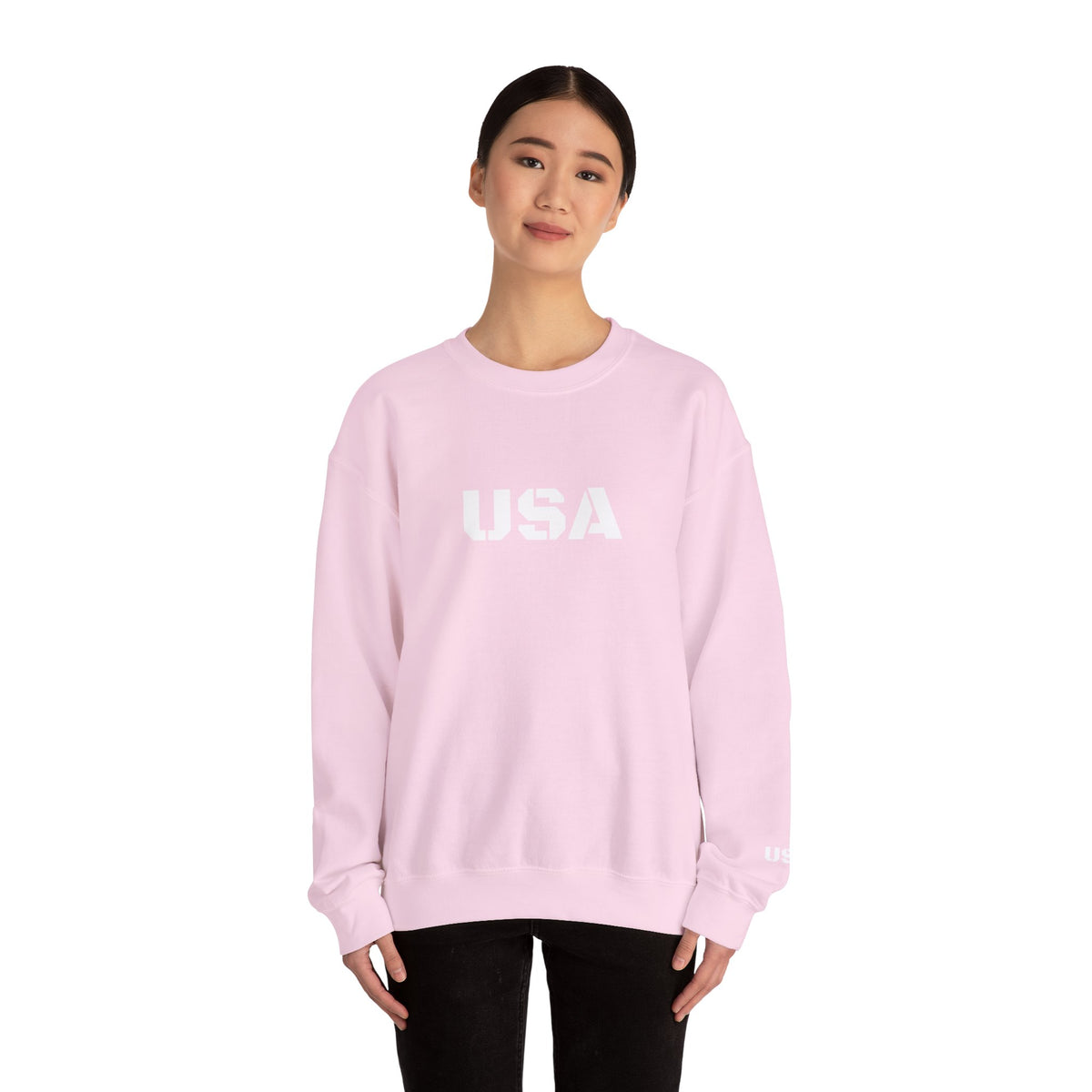 Printify USA crewneck sweatshirt with patriotic design, cozy and stylish for all seasons, suitable for casual wear.