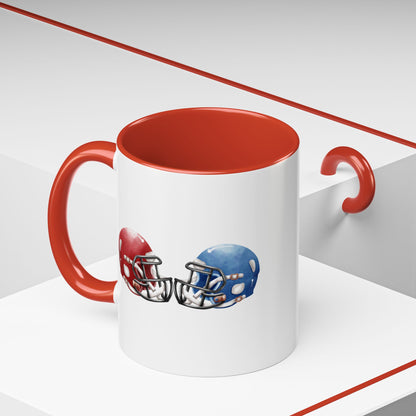 Football Helmet Coffee Mug — Red vs Blue Rivalry Accent Mug (11/15oz)