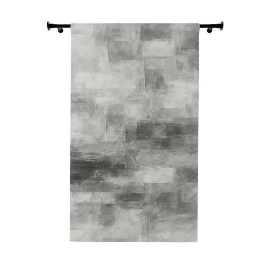 Gray abstract print window curtains from Printify, elegant living room drapes with a modern design, hanging on a window.