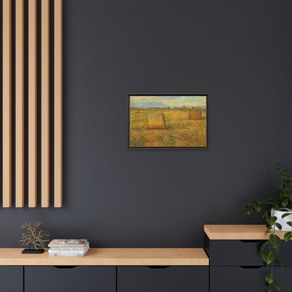 Framed matte canvas wall art featuring a rustic hayfield landscape print by Printify, ideal for rustic or country home decor.