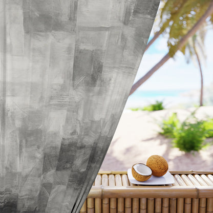 Gray abstract Printify window curtains hanging in a living room, featuring modern drape design and lightweight fabric.