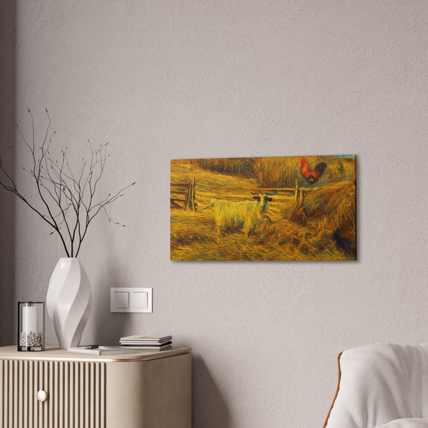 Farmhouse Canvas Wall Art - Rustic Animal Decor, Goat and Rooster Painting, Country Home, Farmhouse Style, Gift for Farmers - TRV