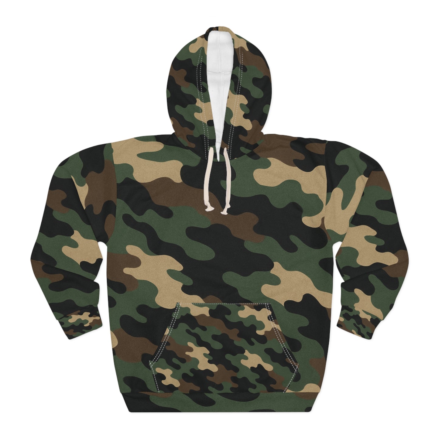 Green woodland camouflage hoodie with all-over print design from Printify, featuring a cozy pullover style and camouflage pattern.